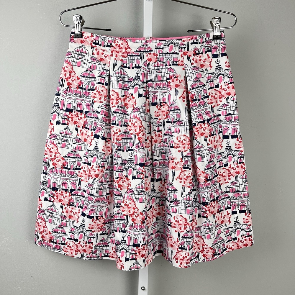 Boden A-Line Midi Skirt Womens 6P Cityscape Paris Pinkâ Navy Blue Pleated